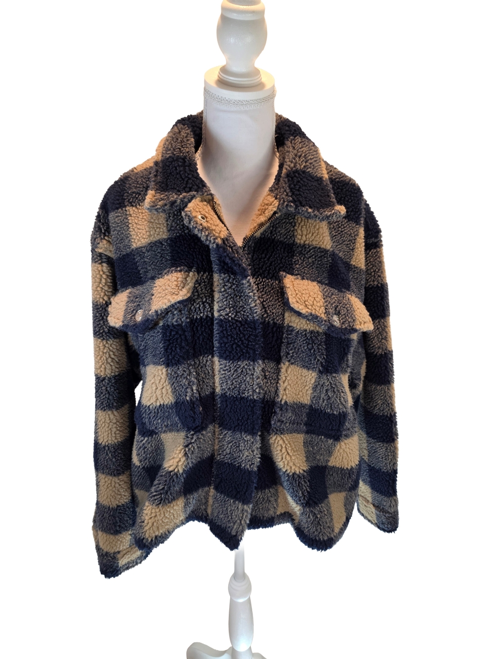 American Eagle Sherpa Buffalo Plaid Jacket Women's Large Blue Beige Teddy Coat